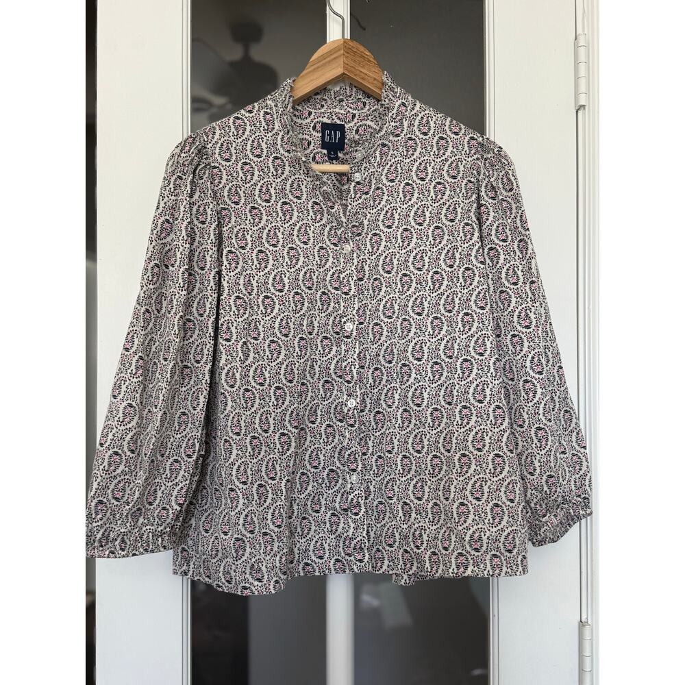 Gap Puff Sleeve Button Up Ivory Paisley Blouse size small